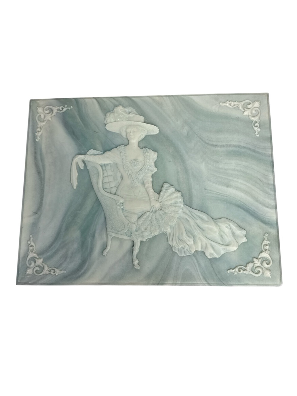 Vintage Incolay Stone Blue and White Relief Jewelry Box with Victorian Lady and